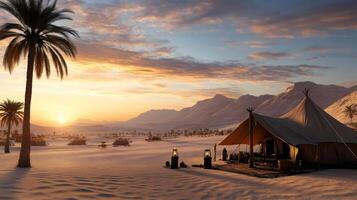 Luxurious desert camp at sunset with palm trees and mountains photo