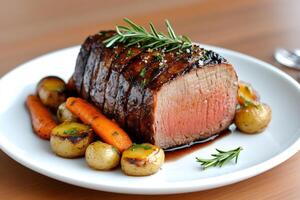 Grilled beef tenderloin steak resting on white plate with roasted potatoes and carrots photo