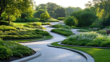 Winding path meandering through a lush green botanical garden photo