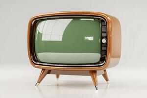 Vintage wooden television set showing green screen on white background photo