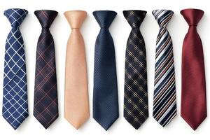 Seven elegant ties showing different patterns, lying on a white background photo