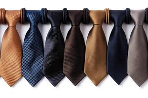 Elegant neckties hanging on a white background showing different colors and patterns photo