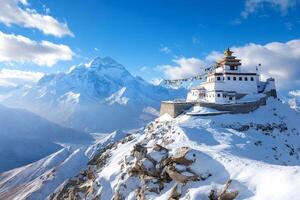 Serene Buddhist monastery stands majestically amidst snowy peaks photo