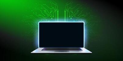 Modern laptop displaying a blank screen with glowing circuit patterns in a dark ambient background. vector