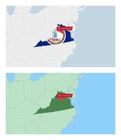 Virginia map with pin of country capital. Two types of Virginia map with neighboring countries. vector