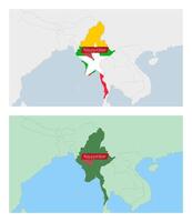 Myanmar map with pin of country capital. Two types of Myanmar map with neighboring countries. vector