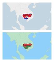 Cambodia map with pin of country capital. Two types of Cambodia map with neighboring countries. vector