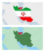 Iran map with pin of country capital. Two types of Iran map with neighboring countries. vector