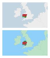 Wales map with pin of country capital. Two types of Wales map with neighboring countries. vector