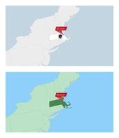 Massachusetts map with pin of country capital. Two types of Massachusetts map with neighboring countries. vector