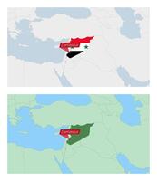 Syria map with pin of country capital. Two types of Syria map with neighboring countries. vector