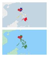 Philippines map with pin of country capital. Two types of Philippines map with neighboring countries. vector