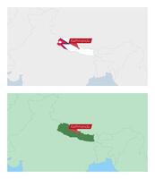 Nepal map with pin of country capital. Two types of Nepal map with neighboring countries. vector