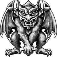 A detailed, engraved-style illustration of a grotesque gargoyle with bat-like wings, horns, and a menacing expression, rendered in black and white. vector