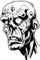 A black and white illustration of a decaying zombie head with visible skull features, rotting flesh, and a menacing expression. vector