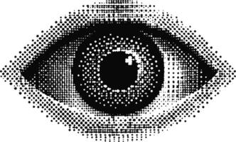 A stylized, black and white illustration of an eye with a detailed pupil and iris, created using a halftone or dotted texture effect. vector