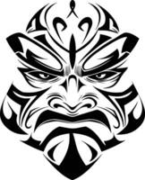 A bold, black and white tribal-style illustration of a fierce mask, possibly inspired by Polynesian or Maori designs, with sharp lines and aggressive features. vector