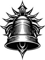A bold, black and white graphic illustration of a stylized bell with sharp, decorative elements radiating outwards. vector
