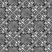 A seamless, repeating pattern featuring intricate, ornate floral or geometric designs arranged in diamond shapes on a textured background, shades of black and white. vector