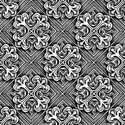 A seamless, repeating pattern featuring intricate, ornate floral or geometric designs arranged in diamond shapes on a textured background, shades of black and white.