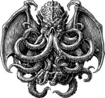 A detailed, black and white illustration in an engraved style depicting Cthulhu, a fictional cosmic entity with a humanoid body, octopus-like head, dragon-like wings, and claws. vector