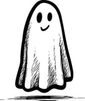 A simple, cartoonish black and white sketch of a friendly ghost with a smiling face, floating above a sketchy shadow. vector