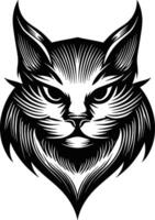 A detailed black and white graphic illustration of a cat's head with a slightly stern or mysterious expression, rendered in a woodcut or engraving style with sharp lines and textures. vector