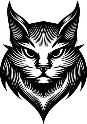 A detailed black and white graphic illustration of a cat's head with a slightly stern or mysterious expression, rendered in a woodcut or engraving style with sharp lines and textures.