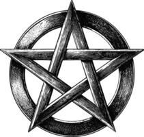A detailed, engraved-style illustration of a pentagram enclosed within a circle, rendered in black and white with a textured, vintage appearance. vector