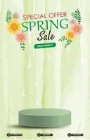 special offer spring sale discount portait template banner with blank space 3d podium for social media post product sale with abstract gradient green background design vector
