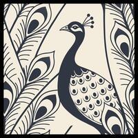 a black and white peacock is standing in front of a pattern vector