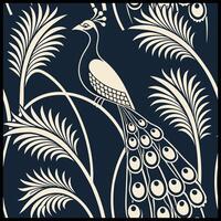 a peacock and palm tree pattern on a dark background vector