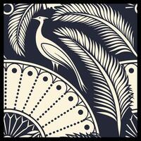 a black and white pattern with a bird and palm leaves vector