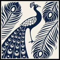 a peacock is standing on a branch with feathers vector
