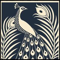 a peacock is standing on a branch with leaves vector