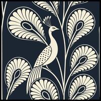 a peacock is sitting on a branch in a patterned background vector