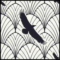 a black and white pattern with a bird flying over it vector