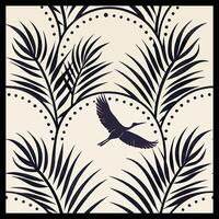 a black and white pattern with palm leaves and a bird vector