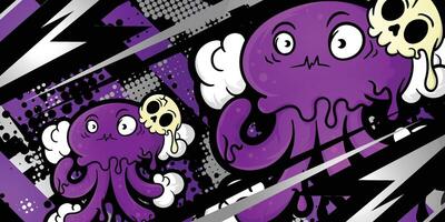 Purple abstract background with cartoon octopus object vector