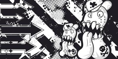 Black and white abstract grunge background with capsule monster object vector