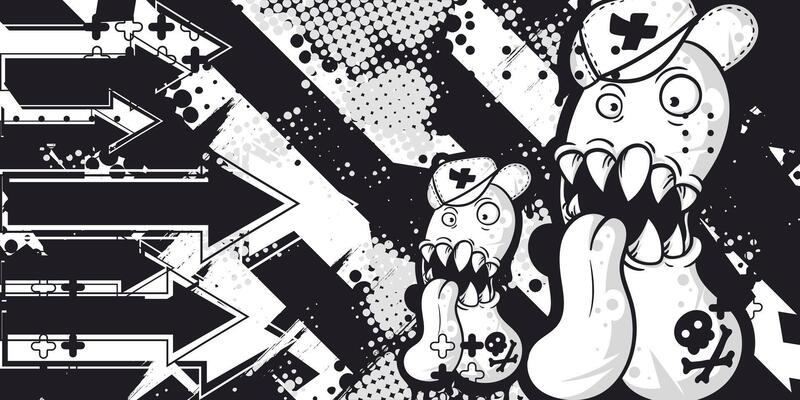 Black and white abstract grunge background with capsule monster object