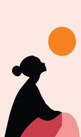 A woman sitting on a pink background with an orange sun vector
