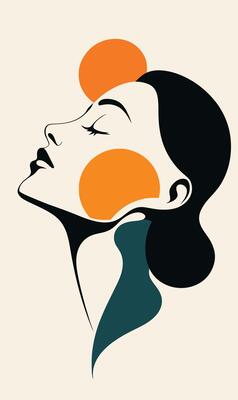 A woman's face with an orange and black dot