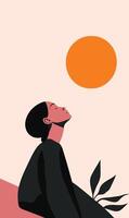 A woman is sitting in the sun with a large orange ball in the sky vector