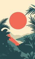 A poster with a sunset and palm trees vector