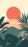 Tropical landscape with palm trees and sunset vector