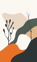 A painting of trees and hills with a mountain in the background vector