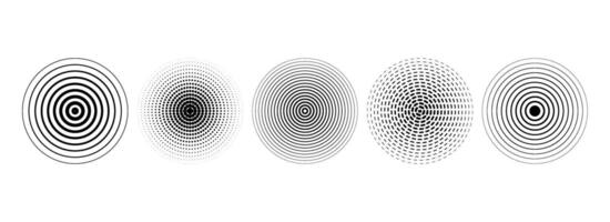 Black concentric circle set. Dotted and dashed sound wave ring collection. Epicenter, target, radar, sonar icon concept. Radial radio signal or vibration elements. Linear halftone symbols. vector