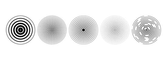 Black concentric circles set. Rippled and dashed sound wave rings collection. Epicenter, target, radar, sonar icon concept. Radial radio signal or vibration elements. Linear halftone symbols. vector