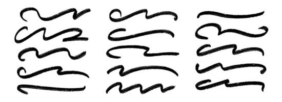 Black wave paint stripe set. Squiggle sketch brush stroke collection. Charcoal curved flourish pack for highlight, underline, emphasis. Rough swoosh stripe bundle. Handdrawn crayon chalk lines vector